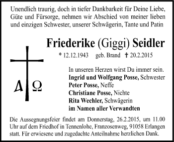 Traueranzeige von Friederike Seidler von Gesamtausgabe Nürnberger Nachrichten/ Nürnberger Ztg.