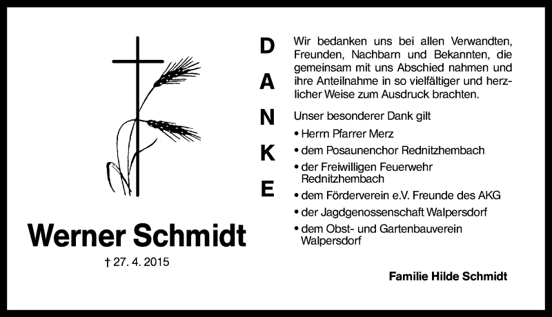  Traueranzeige für Werner Schmidt vom 16.05.2015 aus Schwabach
