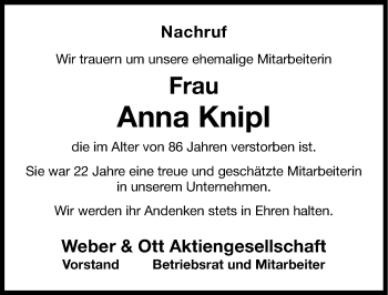 Traueranzeige von Anna Knipl von Nordbayerische Nachrichten Forchheim Lokal