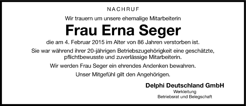  Traueranzeige für Erna Seger vom 09.02.2015 aus Neumarkter Nachrichten Lokal