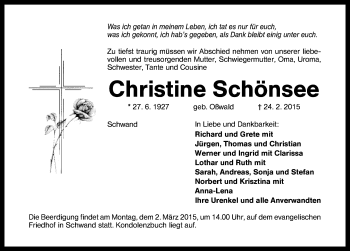 Traueranzeige von Christine Schönsee von Schwabach