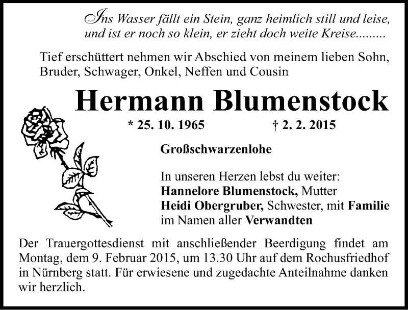  Traueranzeige für Hermann Blumenstock vom 04.02.2015 aus Gesamtausgabe Nürnberger Nachrichten/ Nürnberger Ztg.