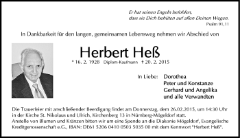 Traueranzeige von Herbert Heß von Gesamtausgabe Nürnberger Nachrichten/ Nürnberger Ztg.