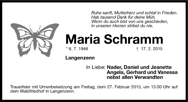  Traueranzeige für Maria Schramm vom 25.02.2015 aus Fürther Nachrichten Lokal