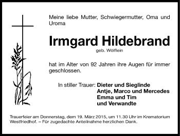 Traueranzeige von Irmgard Hildebrand von Gesamtausgabe Nürnberger Nachrichten/ Nürnberger Ztg.