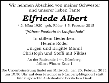 Traueranzeige von Elfriede Albert von Gesamtausgabe Nürnberger Nachrichten/ Nürnberger Ztg.