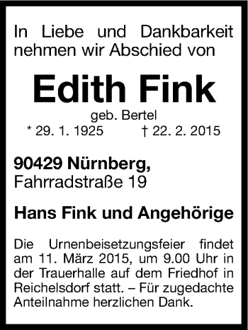 Traueranzeige von Edith Fink von Gesamtausgabe Nürnberger Nachrichten/ Nürnberger Ztg.