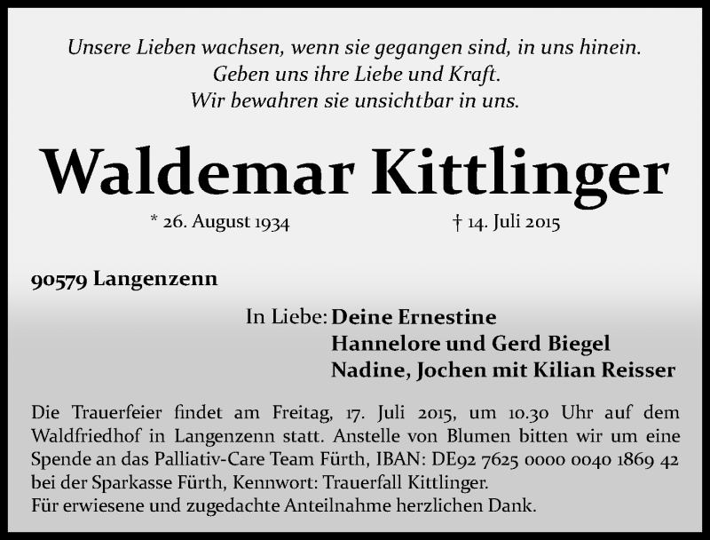  Traueranzeige für Waldemar Kittlinger vom 16.07.2015 aus Fürther Nachrichten Lokal