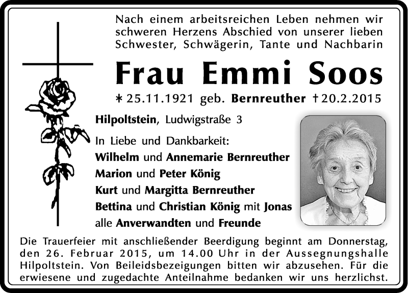  Traueranzeige für Emmi Soos vom 24.02.2015 aus Roth-Hilpoltsteiner Volkszeitung Lokal