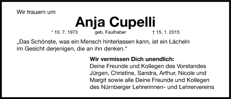  Traueranzeige für Anja Cupelli vom 21.01.2015 aus Gesamtausgabe Nürnberger Nachrichten/ Nürnberger Ztg.