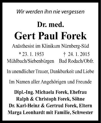 Traueranzeige von Gert Paul Forek von Gesamtausgabe Nürnberger Nachrichten/ Nürnberger Ztg.