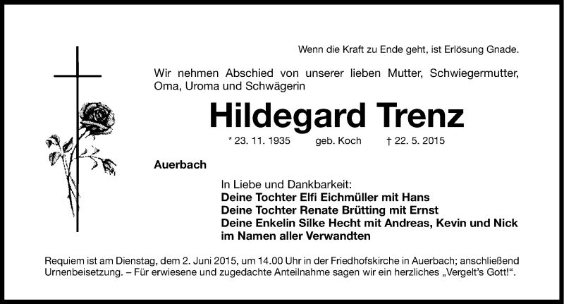  Traueranzeige für Hildegard Trenz vom 30.05.2015 aus Nordbayerische Nachrichten Pegnitz Lokal