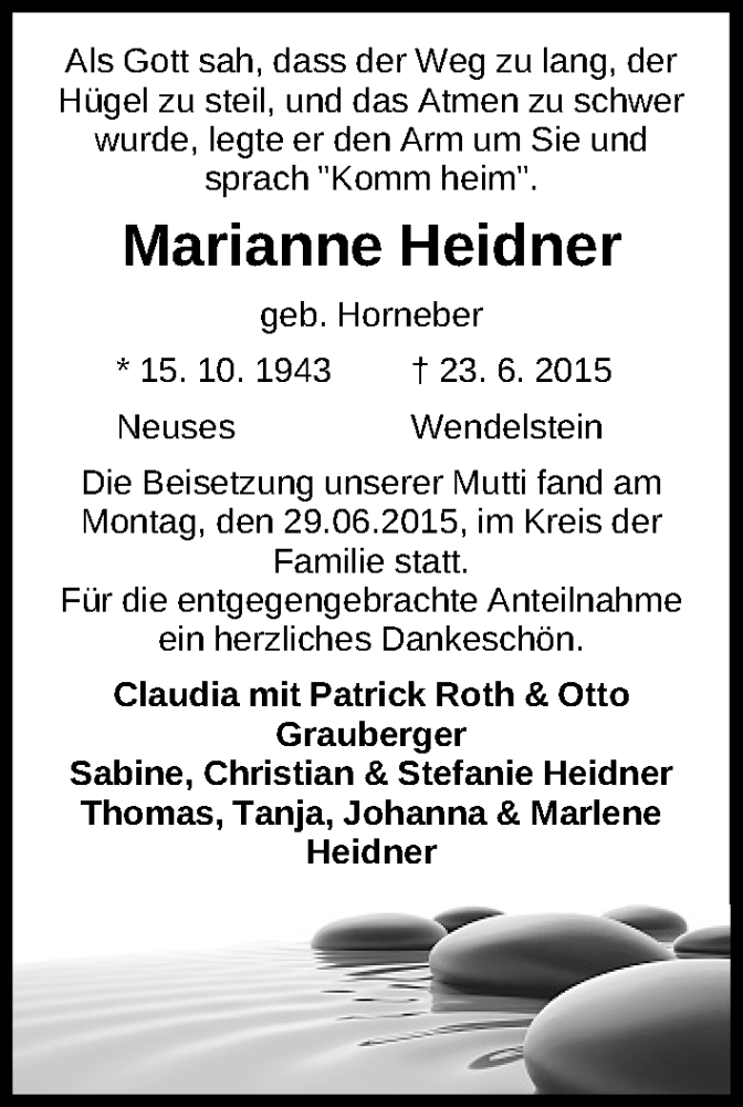  Traueranzeige für Marianne Heidner vom 06.07.2015 aus Schwabach