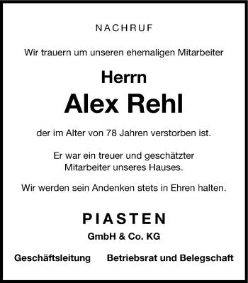 Traueranzeige von Alex Rehl von Nordbayerische Nachrichten Forchheim Lokal