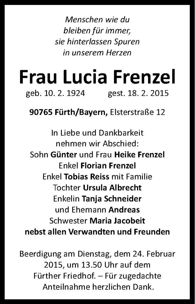  Traueranzeige für Lucia Frenzel vom 21.02.2015 aus Fürther Nachrichten Lokal