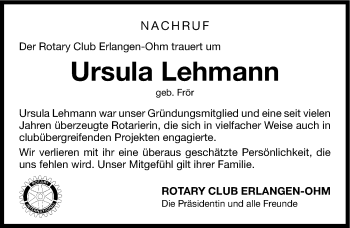 Traueranzeige von Ursula Lehmann von Erlanger Nachrichten Lokal