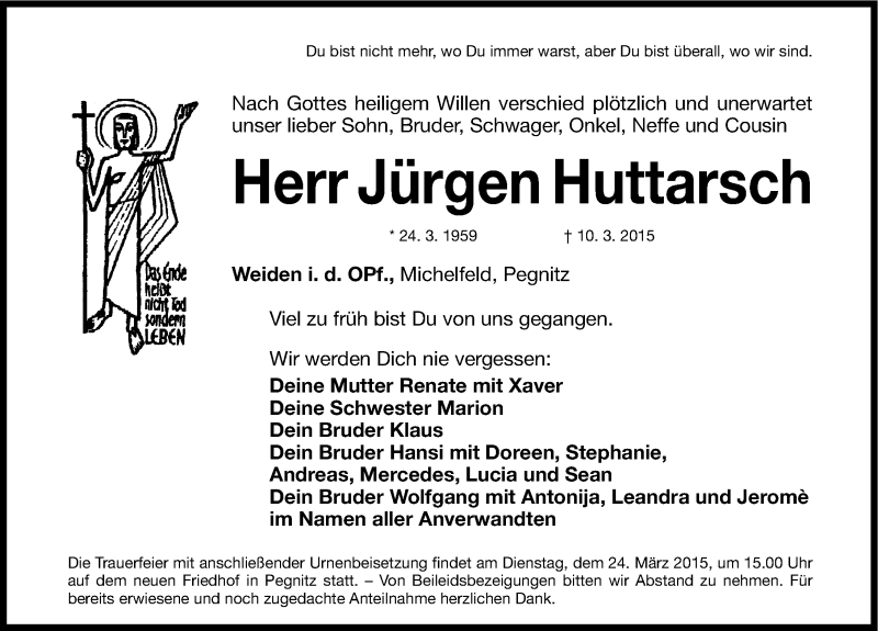  Traueranzeige für Jürgen Huttarsch vom 16.03.2015 aus Nordbayerische Nachrichten Pegnitz Lokal
