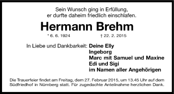 Traueranzeige von Hermann Brehm von Gesamtausgabe Nürnberger Nachrichten/ Nürnberger Ztg.