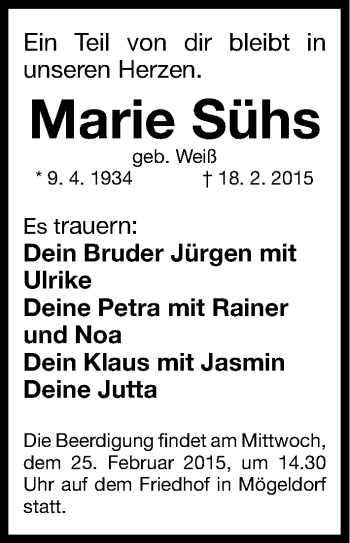 Traueranzeige von Marie Sühs von Gesamtausgabe Nürnberger Nachrichten/ Nürnberger Ztg.