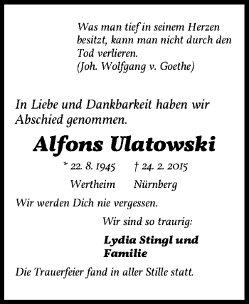 Traueranzeige von Alfons Ulatowski von Gesamtausgabe Nürnberger Nachrichten/ Nürnberger Ztg.