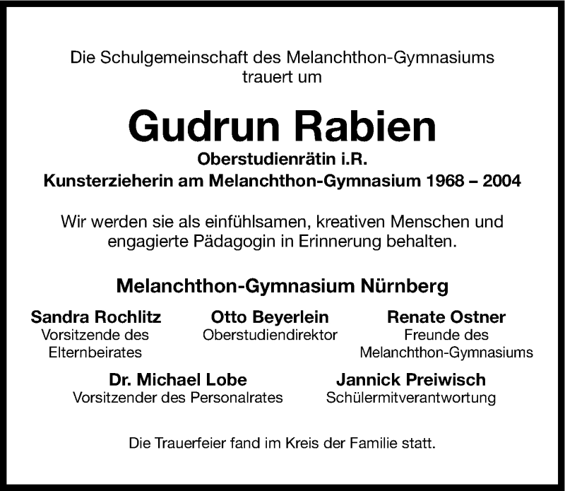  Traueranzeige für Gudrun Rabien vom 04.03.2015 aus Gesamtausgabe Nürnberger Nachrichten/ Nürnberger Ztg.