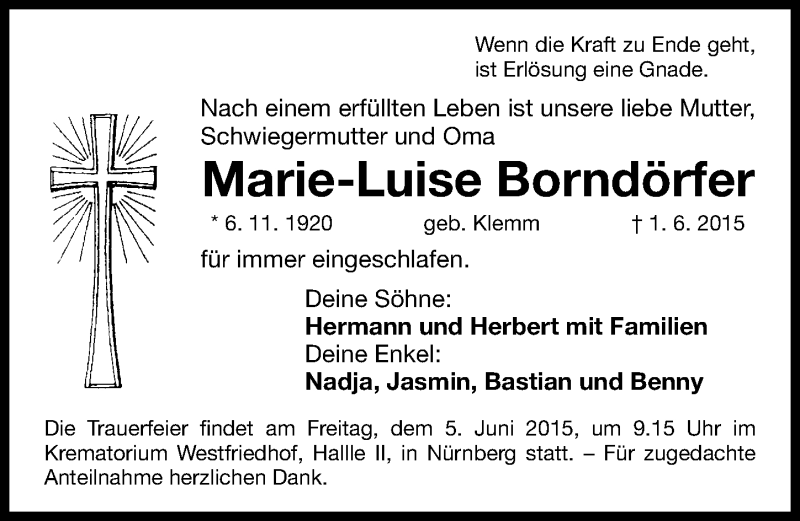  Traueranzeige für Marie-Luise Borndörfer vom 04.06.2015 aus Gesamtausgabe Nürnberger Nachrichten/ Nürnberger Ztg.