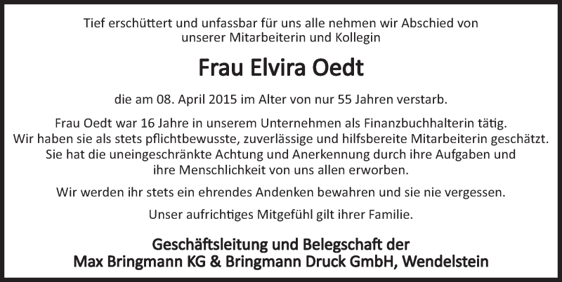  Traueranzeige für Elvira Oedt vom 15.04.2015 aus Schwabach