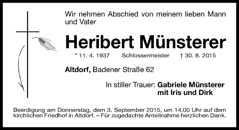  Traueranzeige für Heribert Münsterer vom 02.09.2015 aus Gesamtausgabe Nürnberger Nachrichten/ Nürnberger Ztg.