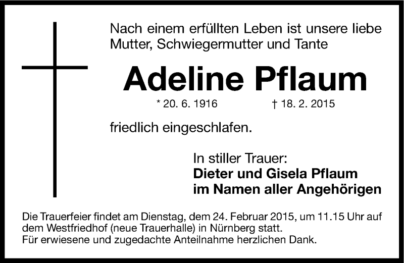  Traueranzeige für Adeline Pflaum vom 21.02.2015 aus Gesamtausgabe Nürnberger Nachrichten/ Nürnberger Ztg.
