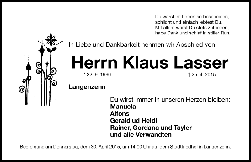  Traueranzeige für Klaus Lasser vom 27.04.2015 aus Fürther Nachrichten Lokal