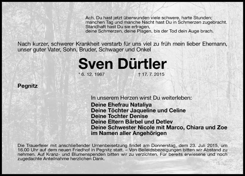  Traueranzeige für Sven Dürtler vom 21.07.2015 aus Nordbayerische Nachrichten Pegnitz Lokal