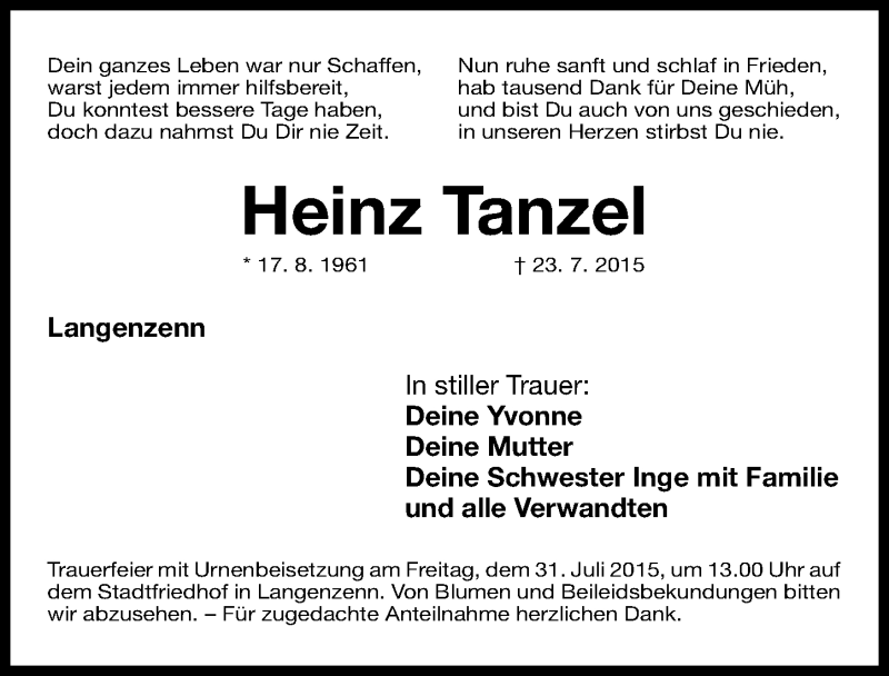  Traueranzeige für Heinz Tanzel vom 29.07.2015 aus Fürther Nachrichten Lokal