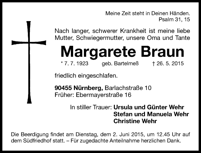  Traueranzeige für Margarete Braun vom 28.05.2015 aus Gesamtausgabe Nürnberger Nachrichten/ Nürnberger Ztg.