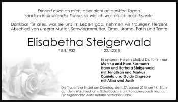 Traueranzeige von Elisabetha Steigerwald von Schwabach