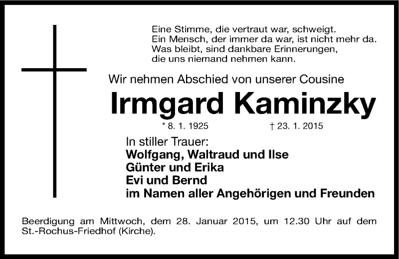  Traueranzeige für Irmgard Kaminzky vom 24.01.2015 aus Gesamtausgabe Nürnberger Nachrichten/ Nürnberger Ztg.