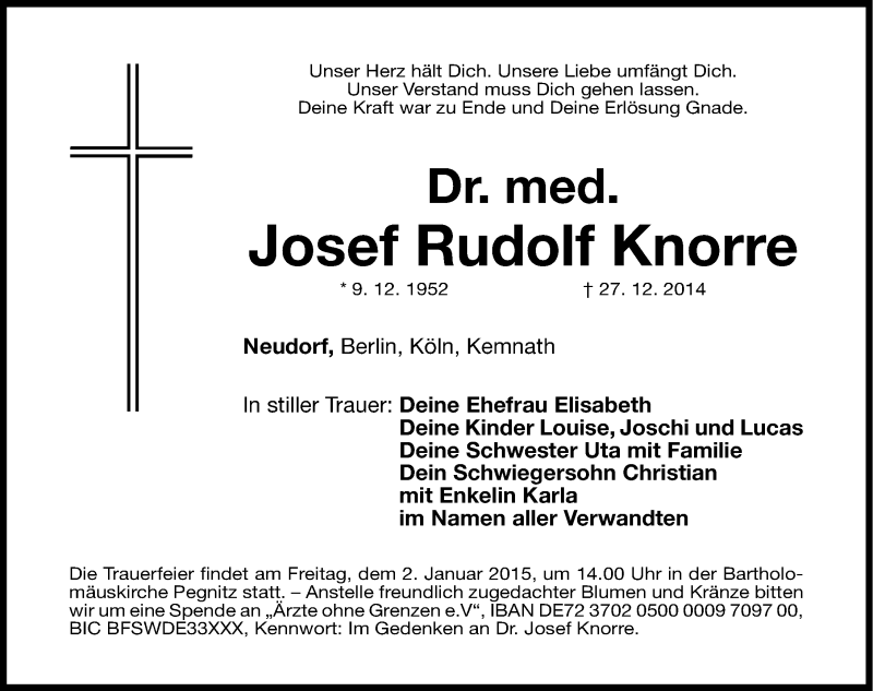 Traueranzeige für Josef Rudolf Knorre  vom 29.12.2014 aus Nordbayerische Nachrichten Pegnitz Lokal