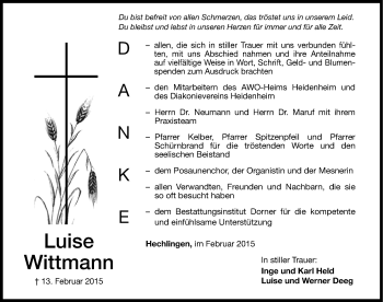 Traueranzeige von Luise Wittmann von Altmühl-Bote Lokal