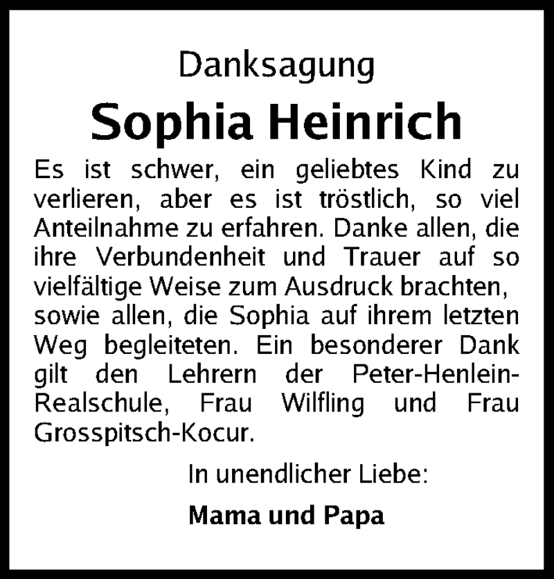  Traueranzeige für Sophia Heinrich vom 09.04.2015 aus Gesamtausgabe Nürnberger Nachrichten/ Nürnberger Ztg.