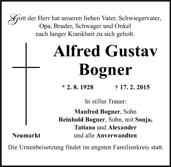 Traueranzeige von Alfred Gustav Bogner von Neumarkter Nachrichten Lokal