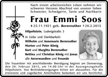 Traueranzeige von Emmi Soos von Roth-Hilpoltsteiner Volkszeitung Lokal
