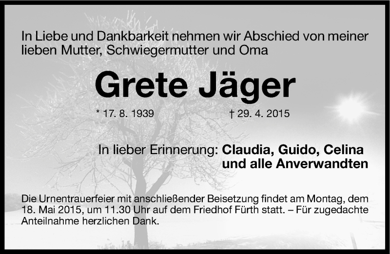  Traueranzeige für Grete Jäger vom 16.05.2015 aus Fürther Nachrichten Lokal
