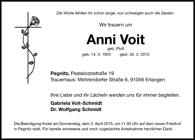  Traueranzeige für Anni Voit vom 01.04.2015 aus Nordbayerische Nachrichten Pegnitz Lokal