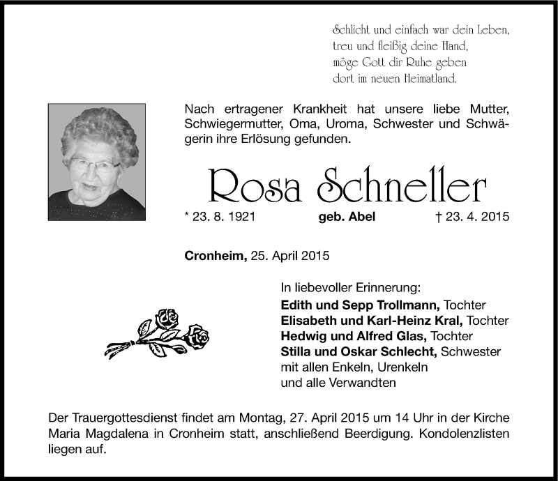  Traueranzeige für Rosa Schneller vom 25.04.2015 aus Altmühl-Bote Lokal