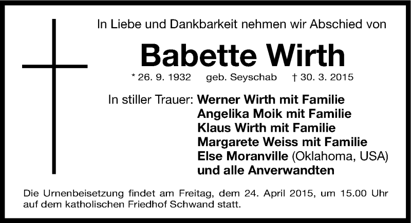  Traueranzeige für Babette Wirth vom 22.04.2015 aus Gesamtausgabe Nürnberger Nachrichten/ Nürnberger Ztg.