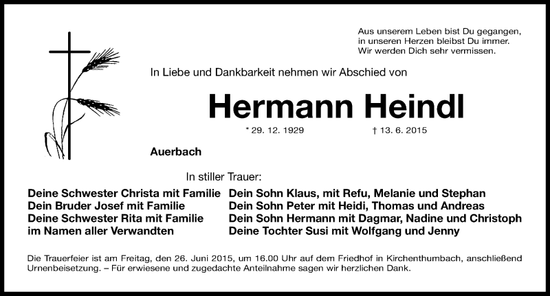  Traueranzeige für Hermann Heindl vom 20.06.2015 aus Nordbayerische Nachrichten Pegnitz Lokal