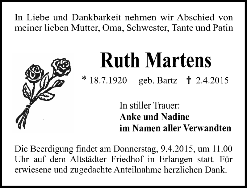  Traueranzeige für Ruth Martens vom 07.04.2015 aus Erlanger Nachrichten Lokal