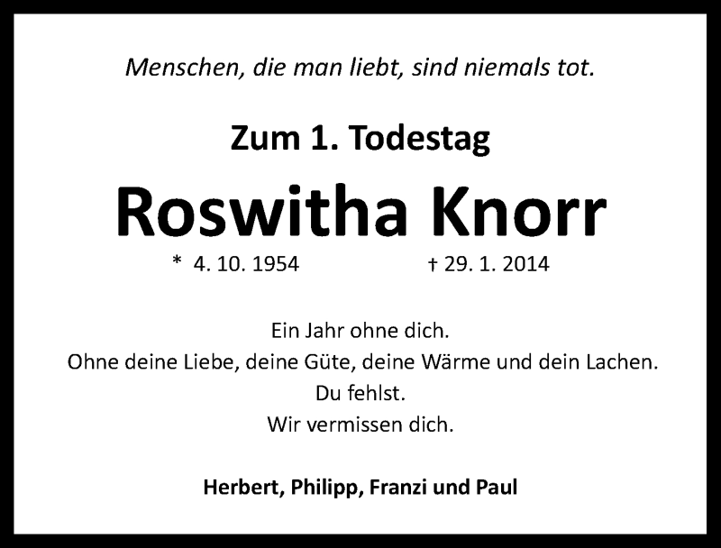  Traueranzeige für Roswitha Knorr vom 29.01.2015 aus Schwabach