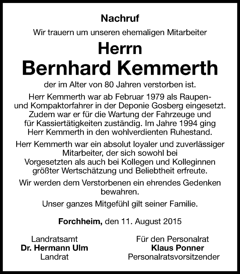  Traueranzeige für Bernhard Kemmerth vom 12.08.2015 aus Nordbayerische Nachrichten Forchheim Lokal