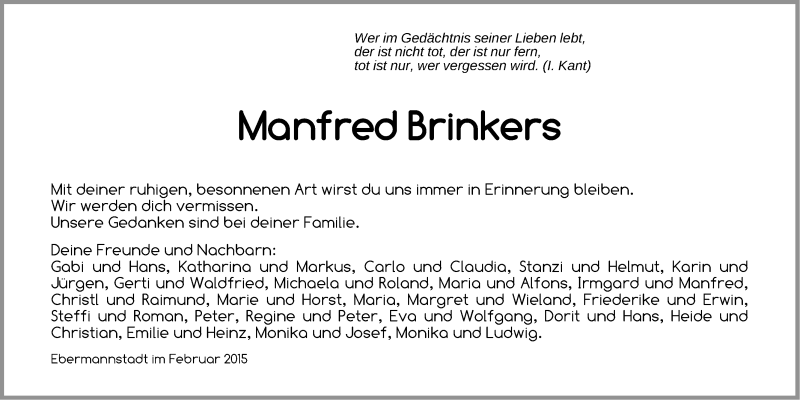  Traueranzeige für Manfred Brinkers vom 28.02.2015 aus Nordbayerische Nachrichten Forchheim Lokal