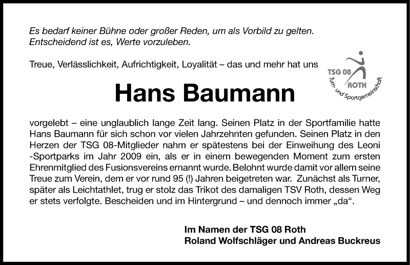  Traueranzeige für Hans Baumann vom 14.02.2015 aus Roth-Hilpoltsteiner Volkszeitung Lokal